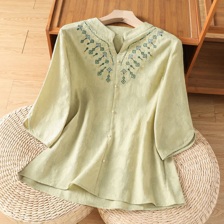 Buddha Stones Camisas de manga tres cuartos para mujer, estilo bohemio casual de verano, con bordado geométrico floral y cuello en V. - vara de oro pálida - US12, UK/AU16, EU44 (3XL) - image 15