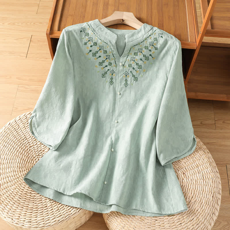 Buddha Stones Camisas de manga tres cuartos para mujer, estilo bohemio casual de verano, con bordado geométrico floral y cuello en V. - Verde pálido - US12, UK/AU16, EU44 (3XL) - image 0