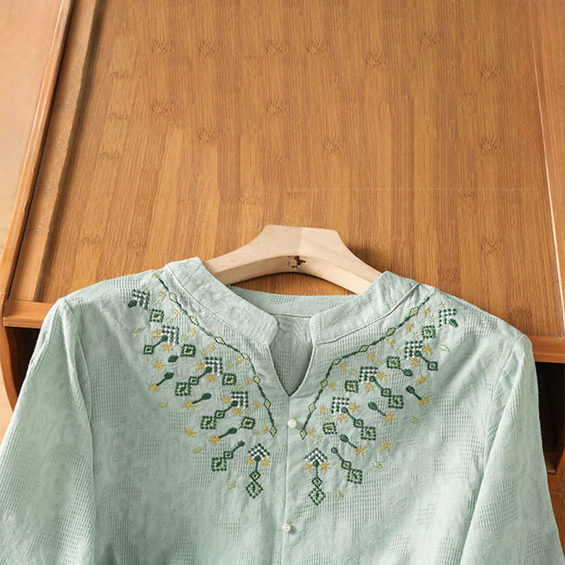 Buddha Stones Camisas de manga tres cuartos para mujer, estilo bohemio casual de verano, con bordado geométrico floral y cuello en V. - image 2