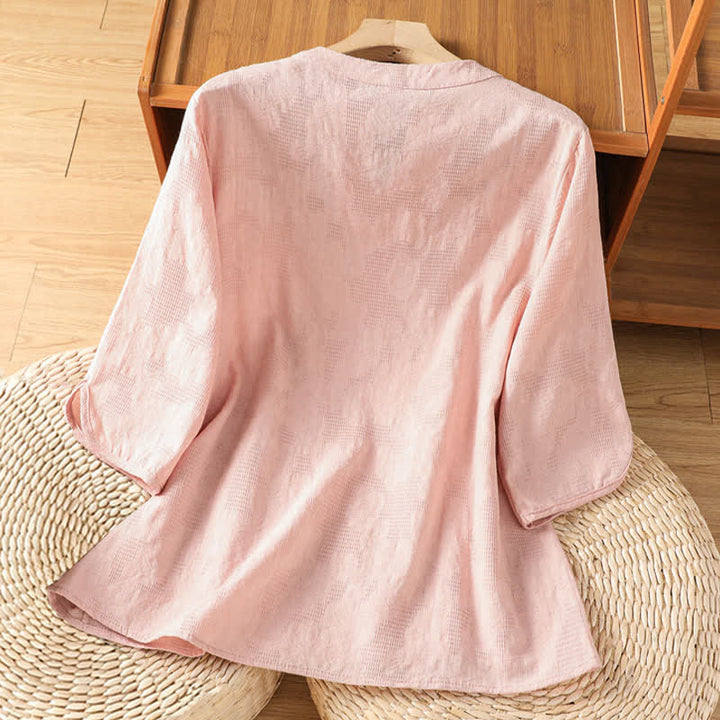 Buddha Stones Camisas de manga tres cuartos para mujer, estilo bohemio casual de verano, con bordado geométrico floral y cuello en V. - image 8