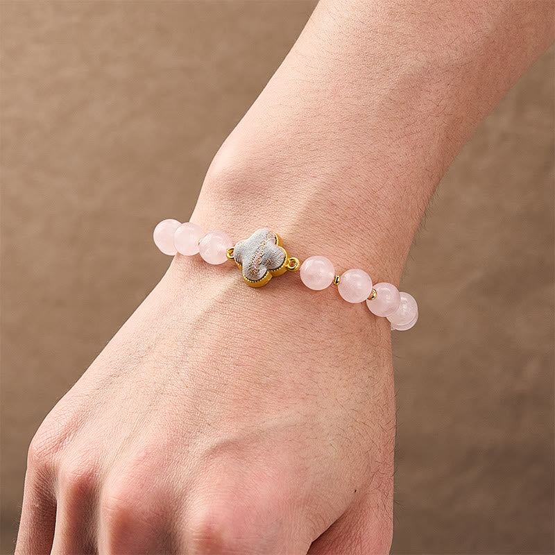 Buddha Stones Pulsera con dije de trébol de cuatro hojas de brocado de cuarzo rosa y bendición, hecha a mano. - image 4