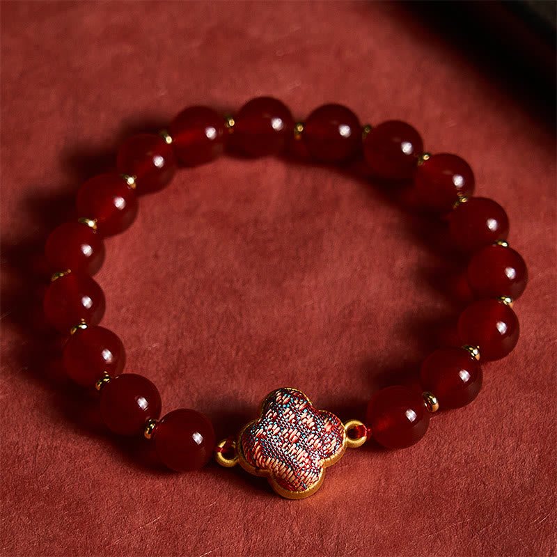 Buddha Stones Pulsera con dije de trébol de cuatro hojas de brocado de ágata roja y bendición - image 2