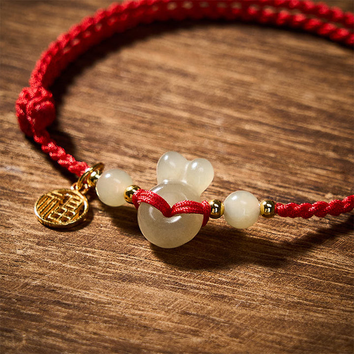 Buddha Stones Hebilla de la paz con cabeza de conejo de jade Hetian, personaje Fu, pulsera vintage de cuerda roja con conexión a tierra. - image 4