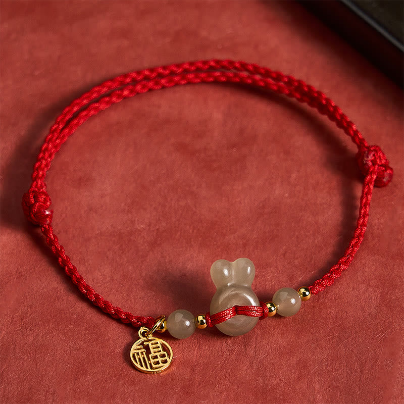 Buddha Stones Hebilla de la paz con cabeza de conejo de jade Hetian, personaje Fu, pulsera vintage de cuerda roja con conexión a tierra. - Jade natural (el color puede variar) - image 0