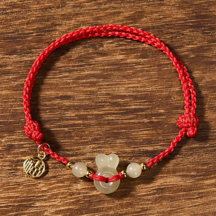Buddha Stones Hebilla de la paz con cabeza de conejo de jade Hetian, personaje Fu, pulsera vintage de cuerda roja con conexión a tierra. - image 2