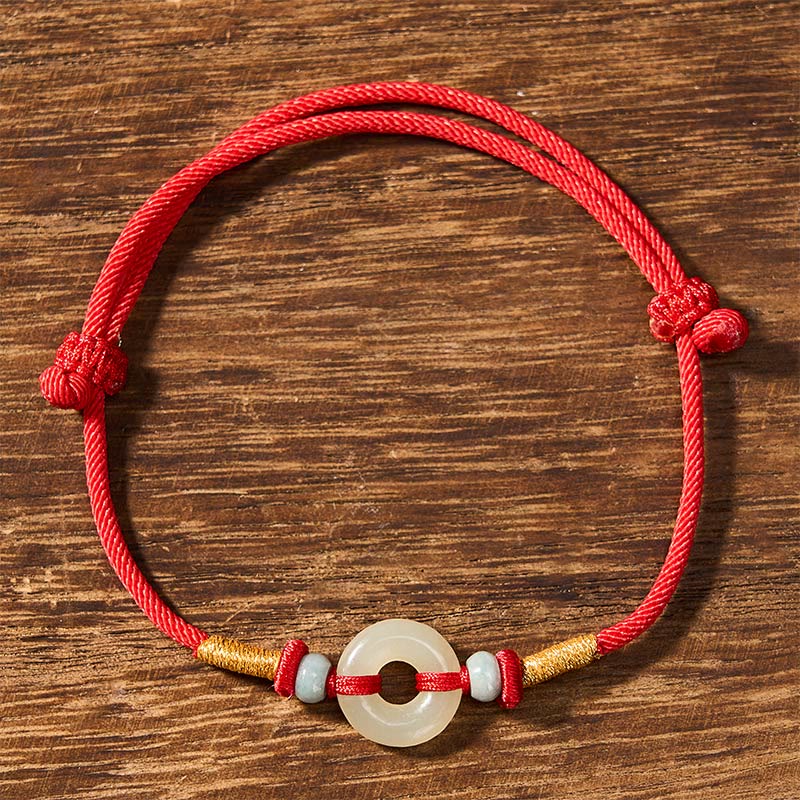 Buddha Stones Pulsera de cuerda roja con hebilla de jade Hetian Peace para protección - image 1
