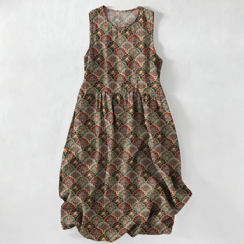 Buddha Stones Vestido midi de verano informal vintage con estampado floral persa para mujer, sin mangas y con bolsillos. - Tierra de siena - US16，UK/AU20，EU48 (3XL) - image 0