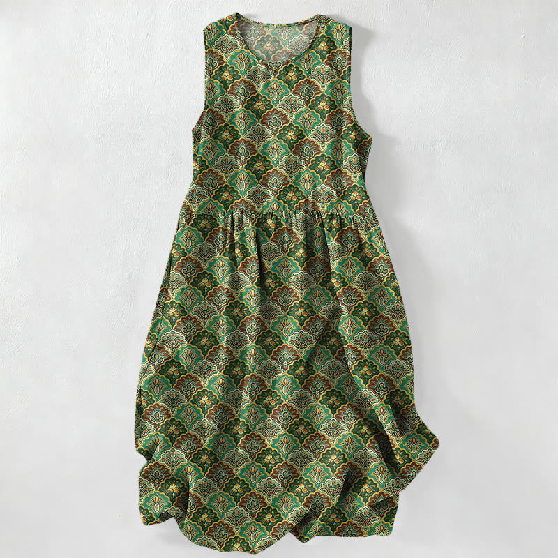 Buddha Stones Vestido midi de verano informal vintage con estampado floral persa para mujer, sin mangas y con bolsillos. - Verde oliva oscuro - US16，UK/AU20，EU48 (3XL) - image 4