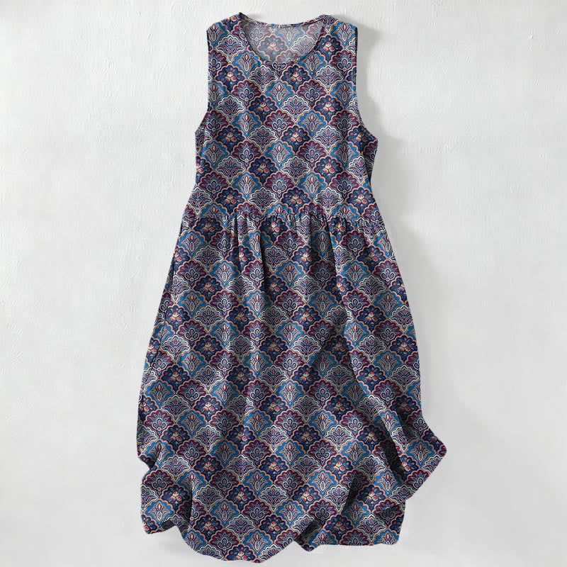 Buddha Stones Vestido midi de verano informal vintage con estampado floral persa para mujer, sin mangas y con bolsillos. - Morado medio - US16，UK/AU20，EU48 (3XL) - image 5