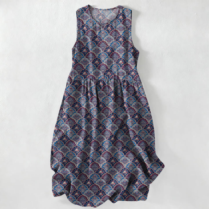 Buddha Stones Vestido midi de verano informal vintage con estampado floral persa para mujer, sin mangas y con bolsillos. - Morado medio - US16，UK/AU20，EU48 (3XL) - image 5