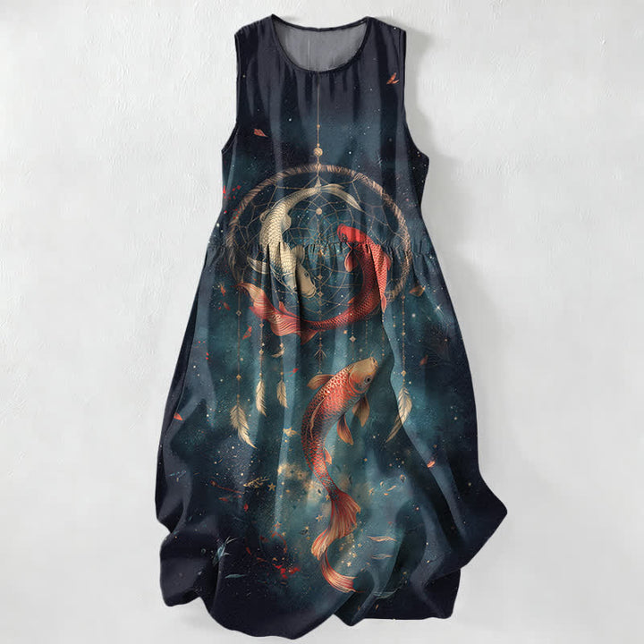 Buddha Stones Vestido midi de verano informal para mujer con estampado de plumas de peces koi gemelos y bolsillos. - Azul medianoche - US16，UK/AU20，EU48 (3XL) - image 0