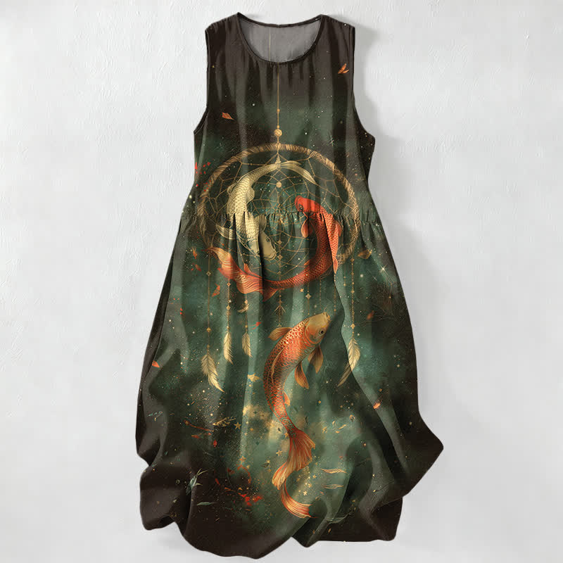 Buddha Stones Vestido midi de verano informal para mujer con estampado de plumas de peces koi gemelos y bolsillos. - Verde oscuro - US16，UK/AU20，EU48 (3XL) - image 5