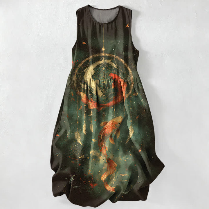 Buddha Stones Vestido midi de verano informal para mujer con estampado de plumas de peces koi gemelos y bolsillos. - Verde oscuro - US16，UK/AU20，EU48 (3XL) - image 5