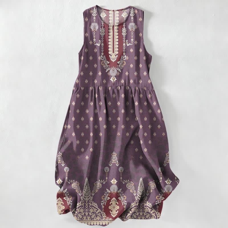Buddha Stones Vestido midi de verano informal rosa con estampado floral étnico para mujer, sin mangas y con bolsillos. - Púrpura - US16，UK/AU20，EU48 (3XL) - image 4