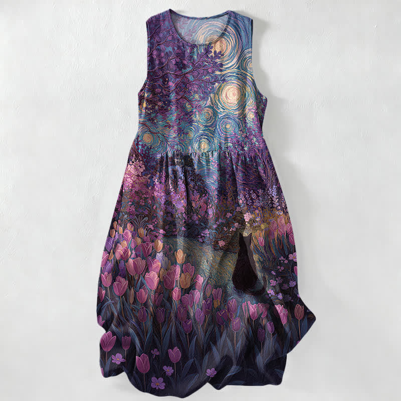 Buddha Stones Vestido midi sin mangas para mujer con bolsillos, estilo pintura al óleo informal de verano, estampado floral con remolinos y gato negro. - Violeta oscuro - US16，UK/AU20，EU48 (3XL) - image 4