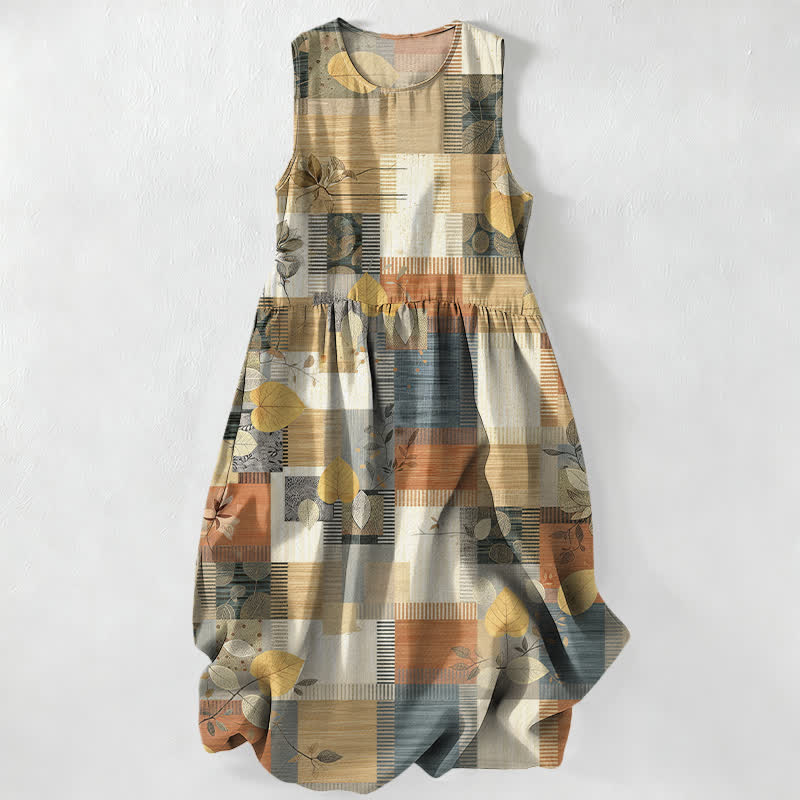 Buddha Stones Vestido midi de verano informal para mujer con estampado geométrico de hojas y patchwork, sin mangas y con bolsillos. - Broncearse - US16，UK/AU20，EU48 (3XL) - image 0