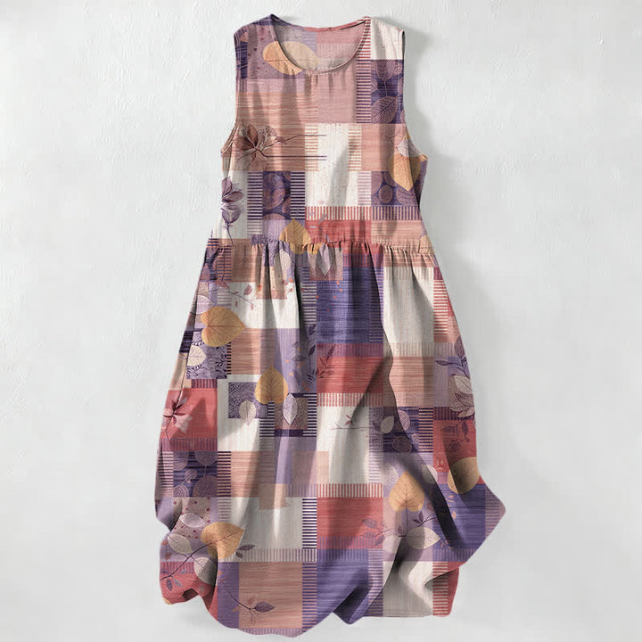 Buddha Stones Vestido midi de verano informal para mujer con estampado geométrico de hojas y patchwork, sin mangas y con bolsillos. - Ciruela - US16，UK/AU20，EU48 (3XL) - image 5