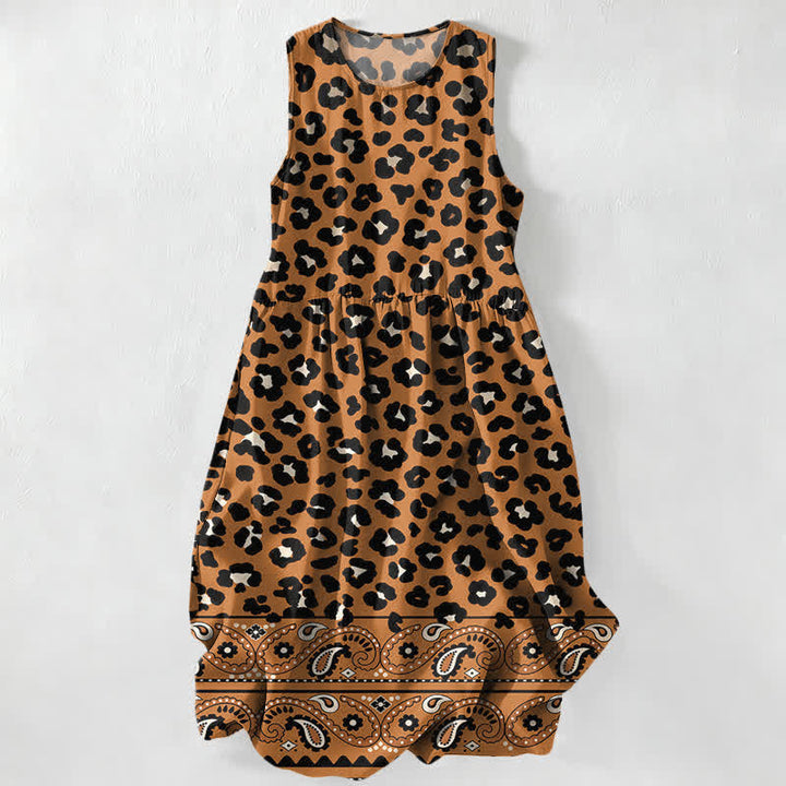 Buddha Stones Vestido midi de verano informal vintage para mujer con estampado de leopardo y cachemir, sin mangas y con bolsillos. - Perú - US16，UK/AU20，EU48 (3XL) - image 0