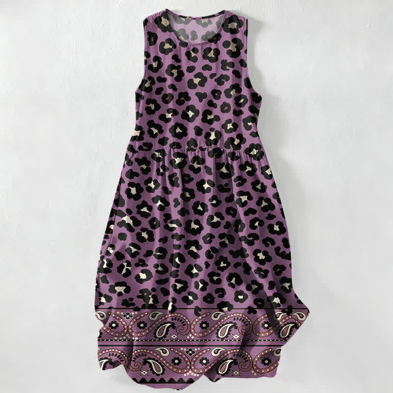 Buddha Stones Vestido midi de verano informal vintage para mujer con estampado de leopardo y cachemir, sin mangas y con bolsillos. - Morado medio - US16，UK/AU20，EU48 (3XL) - image 4