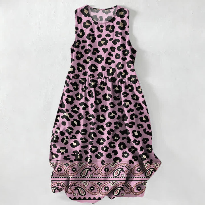 Buddha Stones Vestido midi de verano informal vintage para mujer con estampado de leopardo y cachemir, sin mangas y con bolsillos. - Ciruela - US16，UK/AU20，EU48 (3XL) - image 5