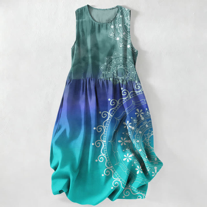 Buddha Stones Vestido midi de verano informal estilo boho con estampado de mandala degradado y mangas, sin mangas y con bolsillos. - Verde mar claro - US16，UK/AU20，EU48 (3XL) - image 0