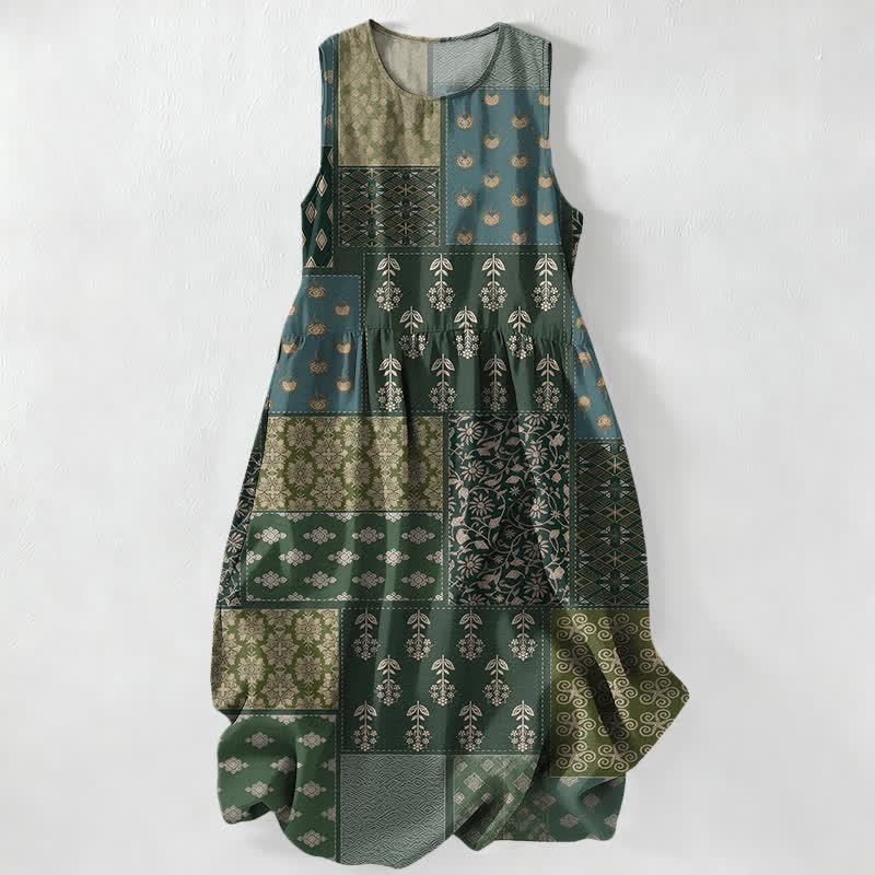 Buddha Stones Vestido midi de verano informal vintage con estampado floral de patchwork y hojas, sin mangas y con bolsillos. - Verde oliva oscuro - US16，UK/AU20，EU48 (3XL) - image 0