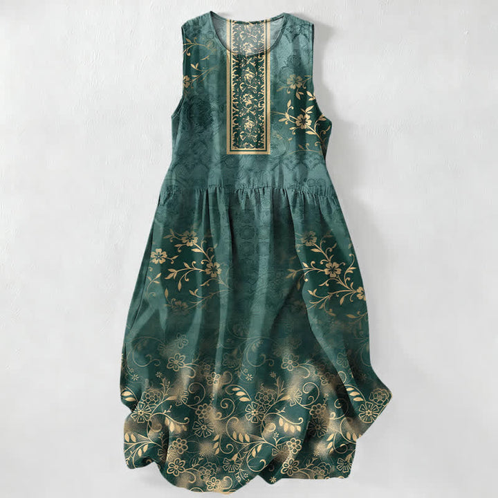 Buddha Stones Vestido midi de verano informal vintage para mujer con estampado floral de enredaderas y sin mangas, con bolsillos. - Verdemar - US16，UK/AU20，EU48 (3XL) - image 0