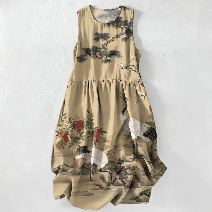 Buddha Stones Vestido midi sin mangas de verano para mujer con estampado de flores rojas, grullas, ciruelos, flores de pino y ramas, con bolsillos. - Broncearse - US16，UK/AU20，EU48 (3XL) - image 0