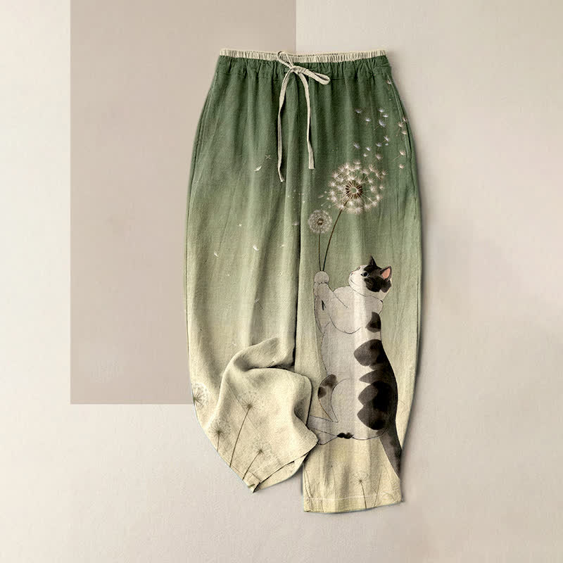 Buddha Stones Pantalones de mujer de algodón puro con estampado de vaca, gato y diente de león, cintura elástica y bolsillos. - Verde oliva - US16，UK/AU20，EU48 (3XL) - image 3