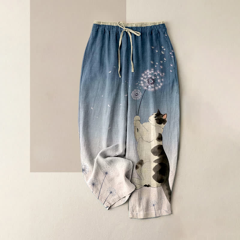 Buddha Stones Pantalones de mujer de algodón puro con estampado de vaca, gato y diente de león, cintura elástica y bolsillos. - Azul acero - US16，UK/AU20，EU48 (3XL) - image 4