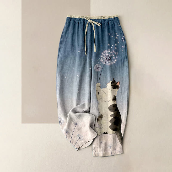 Buddha Stones Pantalones de mujer de algodón puro con estampado de vaca, gato y diente de león, cintura elástica y bolsillos. - Azul acero - US16，UK/AU20，EU48 (3XL) - image 4