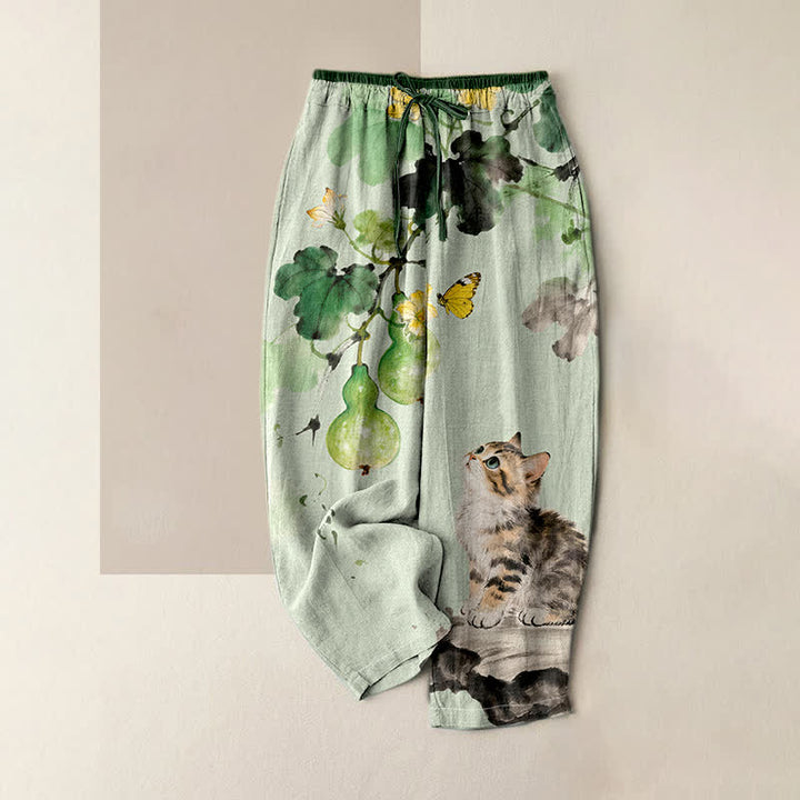 Buddha Stones Pantalones de mujer de algodón puro con estampado de calabazas, mariposas amarillas y gatos, cintura elástica y bolsillos. - Verde pálido - US16，UK/AU20，EU48 (3XL) - image 0