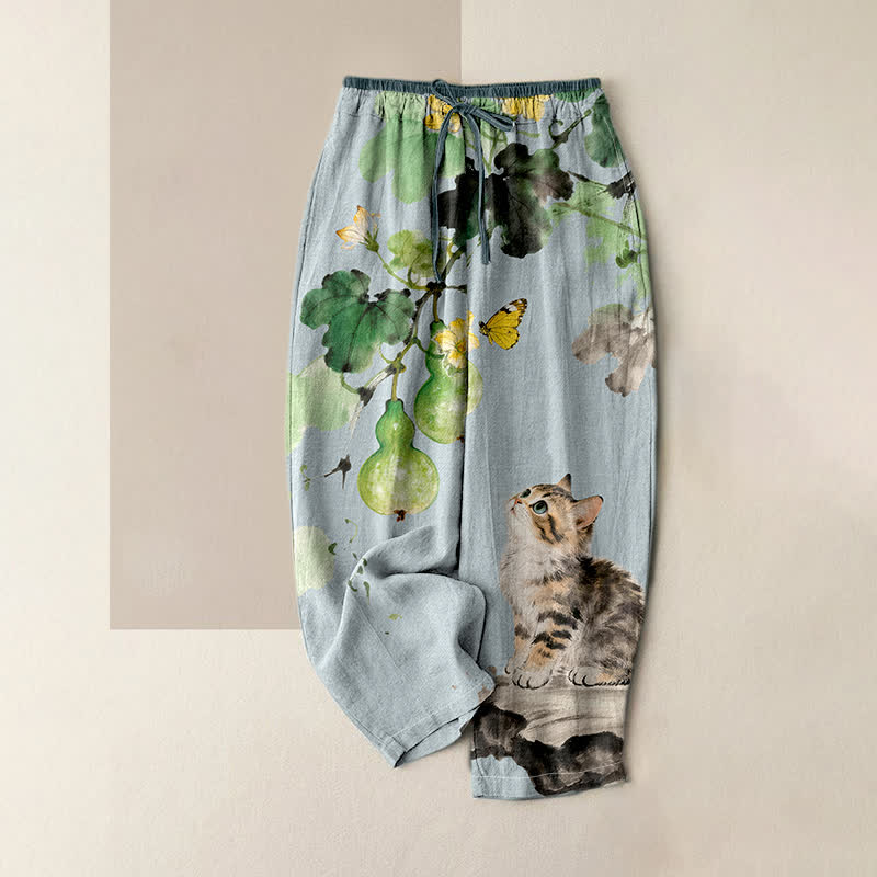 Buddha Stones Pantalones de mujer de algodón puro con estampado de calabazas, mariposas amarillas y gatos, cintura elástica y bolsillos. - Azul acero claro - US16，UK/AU20，EU48 (3XL) - image 3