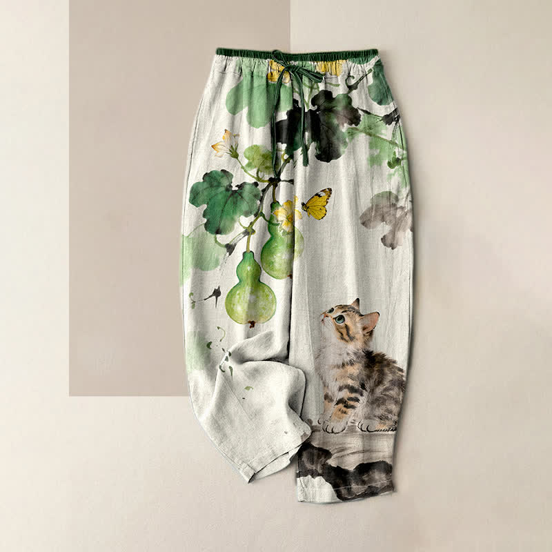 Buddha Stones Pantalones de mujer de algodón puro con estampado de calabazas, mariposas amarillas y gatos, cintura elástica y bolsillos. - Marfil - US16，UK/AU20，EU48 (3XL) - image 4