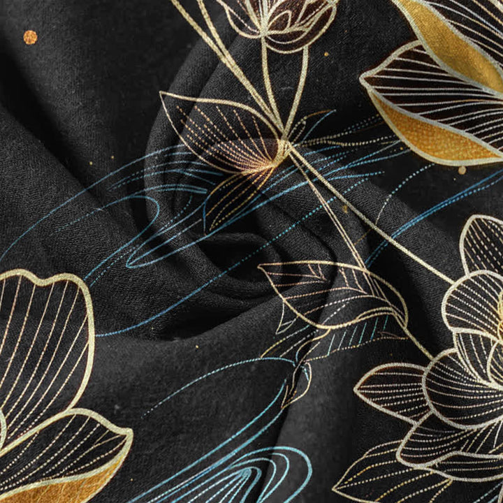 Buddha Stones Pantalones de mujer de algodón puro con estampado de peces koi y loto dorado, cintura elástica y bolsillos. - image 3