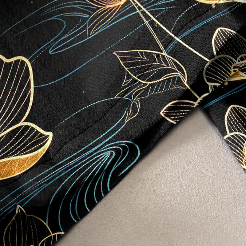 Buddha Stones Pantalones de mujer de algodón puro con estampado de peces koi y loto dorado, cintura elástica y bolsillos. - image 2
