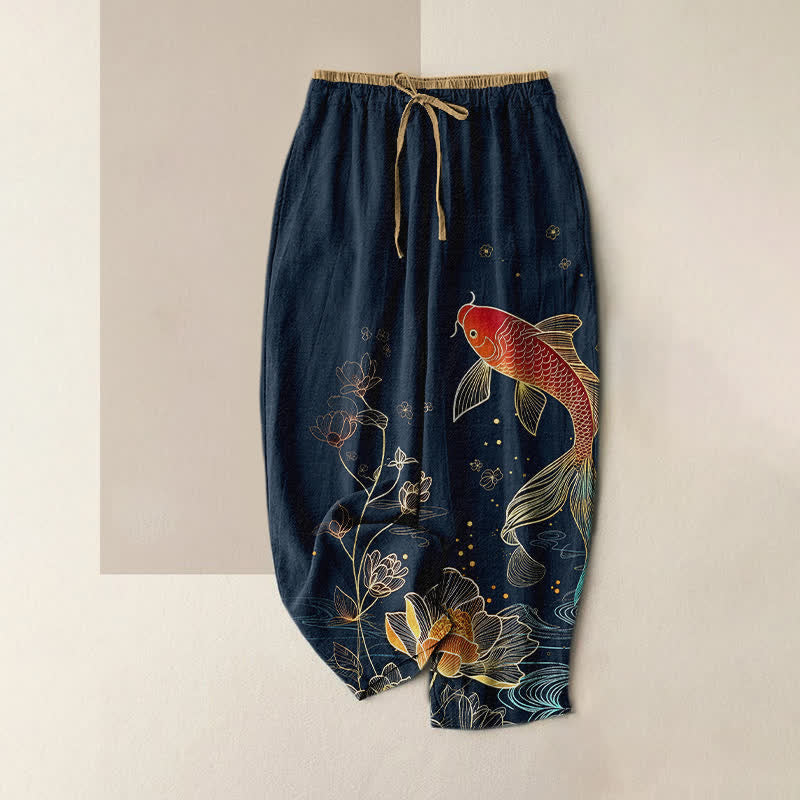 Buddha Stones Pantalones de mujer de algodón puro con estampado de peces koi y loto dorado, cintura elástica y bolsillos. - Marina de guerra - US16，UK/AU20，EU48 (3XL) - image 5