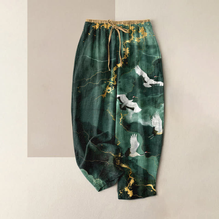 Buddha Stones Pantalones de mujer de algodón puro, elegantes, blancos, con estampado de grullas y detalles dorados, cintura elástica y bolsillos. - cian oscuro - US16，UK/AU20，EU48 (3XL) - image 0