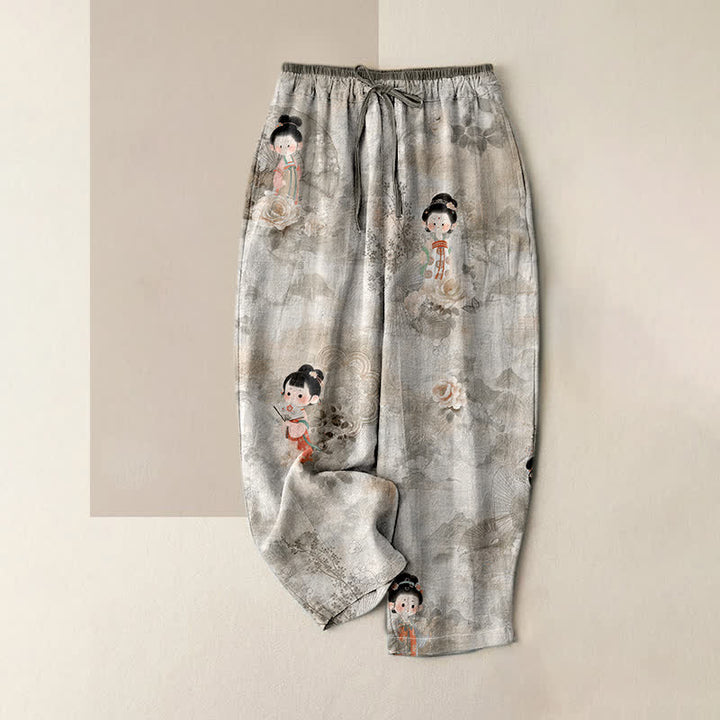Buddha Stones Pantalones de mujer de algodón puro con estampado floral vintage Geisha, cintura elástica y bolsillos. - Plata - US16，UK/AU20，EU48 (3XL) - image 3