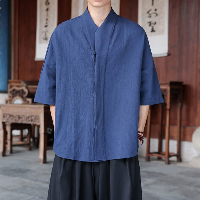 Buddha Stones Camisas de manga tres cuartos para hombre, estilo Tang minimalista, color liso, de la colección Primavera-Verano. - Azul acero - US/UK/AU46, EU56 (5XL) - image 0