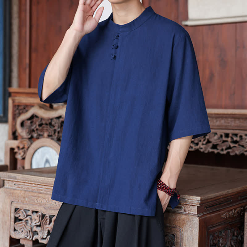 Buddha Stones Camisas de manga hasta el codo para hombre, estilo Tang, informales, con botones de rana, de algodón y lino, para primavera y verano. - image 8