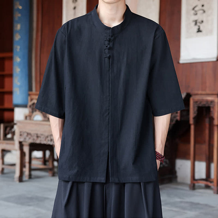 Buddha Stones Camisas de manga hasta el codo para hombre, estilo Tang, informales, con botones de rana, de algodón y lino, para primavera y verano. - Negro - US/UK/AU46, EU56 (5XL) - image 9