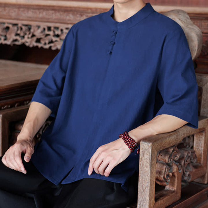 Buddha Stones Camisas de manga hasta el codo para hombre, estilo Tang, informales, con botones de rana, de algodón y lino, para primavera y verano. - image 7