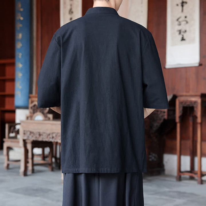 Buddha Stones Camisas de manga hasta el codo para hombre, estilo Tang, informales, con botones de rana, de algodón y lino, para primavera y verano. - image 13