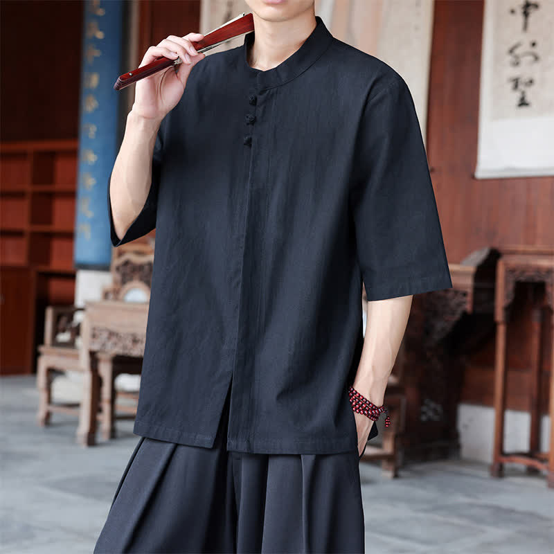 Buddha Stones Camisas de manga hasta el codo para hombre, estilo Tang, informales, con botones de rana, de algodón y lino, para primavera y verano. - image 16