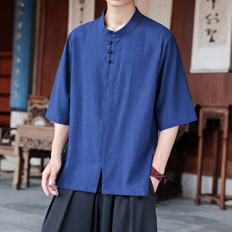 Buddha Stones Camisas de manga hasta el codo para hombre, estilo Tang, informales, con botones de rana, de algodón y lino, para primavera y verano. - image 2