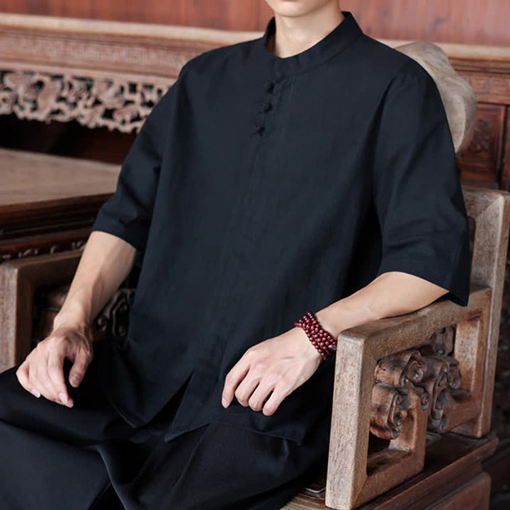 Buddha Stones Camisas de manga hasta el codo para hombre, estilo Tang, informales, con botones de rana, de algodón y lino, para primavera y verano. - image 17