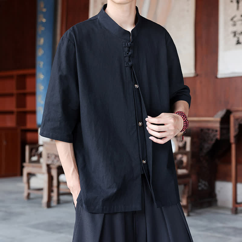 Buddha Stones Camisas de manga hasta el codo para hombre, estilo Tang, informales, con botones de rana, de algodón y lino, para primavera y verano. - image 12