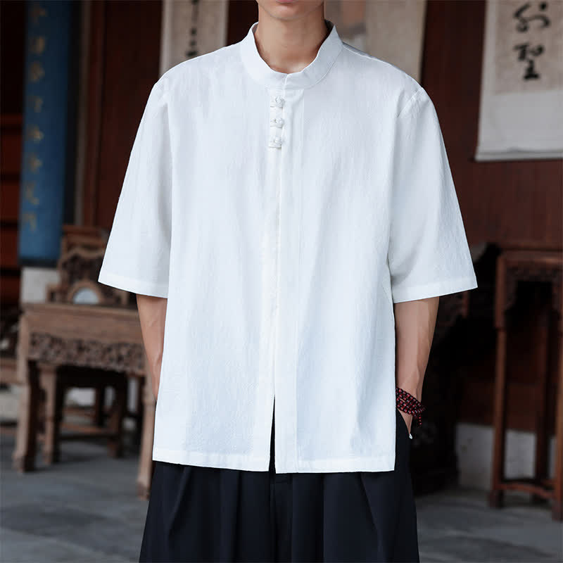 Buddha Stones Camisas de manga hasta el codo para hombre, estilo Tang, informales, con botones de rana, de algodón y lino, para primavera y verano. - Blanco - US/UK/AU46, EU56 (5XL) - image 18