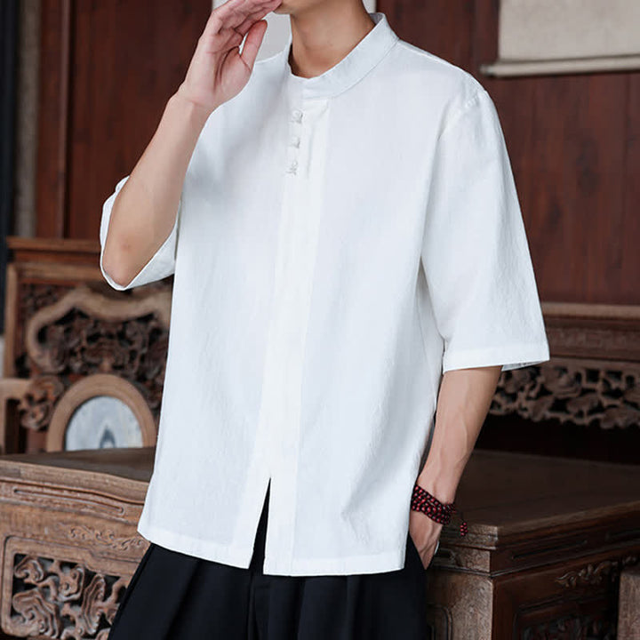 Buddha Stones Camisas de manga hasta el codo para hombre, estilo Tang, informales, con botones de rana, de algodón y lino, para primavera y verano. - image 24